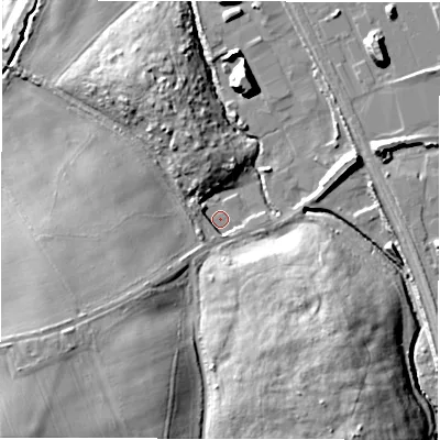 Shaded relief map of the ground around DH21AW, computed from Environment Agency LiDAR. The ground here sits at about 25 m above sea level and falls 40 m across the surrounding 800 m. Surface water reaching this point runs off ground lying to the south-west, 17.6 m higher.