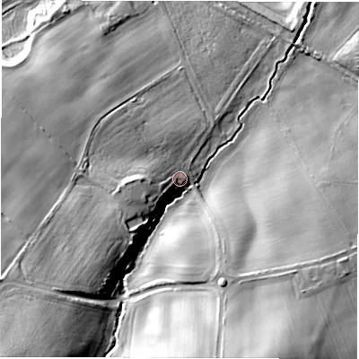 Shaded relief map of the ground around DH21BD, computed from Environment Agency LiDAR. The ground here sits at about 34 m above sea level and falls 42 m across the surrounding 800 m. Surface water reaching this point runs off ground lying to the south-south-east, 27.4 m higher.