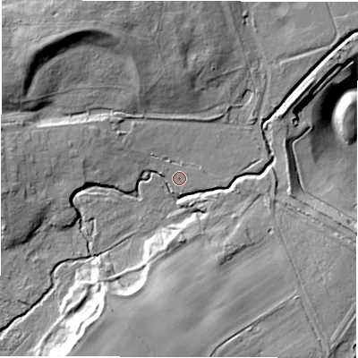 Shaded relief map of the ground around DH21BQ, computed from Environment Agency LiDAR. The ground here sits at about 23 m above sea level and falls 37 m across the surrounding 800 m. Surface water reaching this point runs off ground lying to the west-north-west, 1.2 m higher.