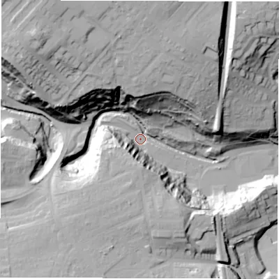 Shaded relief map of the ground around DH22AD, computed from Environment Agency LiDAR. The ground here sits at about 14 m above sea level and falls 48 m across the surrounding 800 m. Surface water reaching this point runs off ground lying to the north-west, 46.4 m higher.