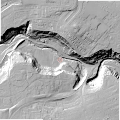 Shaded relief map of the ground around DH22AQ, computed from Environment Agency LiDAR. The ground here sits at about 22 m above sea level and falls 47 m across the surrounding 800 m. Surface water reaching this point runs off ground lying to the north, 40.8 m higher.
