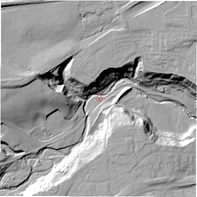 Shaded relief map of the ground around DH22NG, computed from Environment Agency LiDAR. The ground here sits at about 25 m above sea level and falls 44 m across the surrounding 800 m. Surface water reaching this point runs off ground lying to the west, 33.9 m higher.