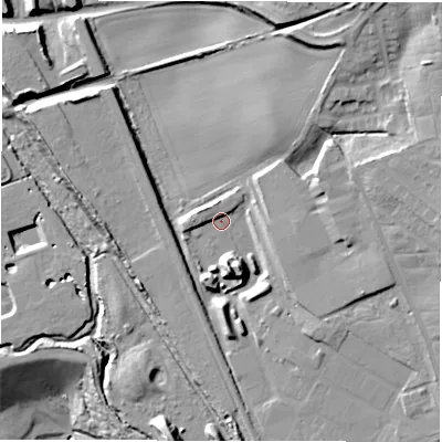 Shaded relief map of the ground around DH31QZ, computed from Environment Agency LiDAR. The ground here sits at about 22 m above sea level and falls 41 m across the surrounding 800 m. Surface water reaching this point runs off ground lying to the east-north-east, 17.9 m higher.