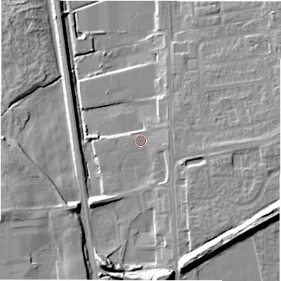 Shaded relief map of the ground around DH32BQ, computed from Environment Agency LiDAR. The ground here sits at about 32 m above sea level and falls 18 m across the surrounding 800 m. Surface water reaching this point runs off ground lying to the east-south-east, 2.9 m higher.