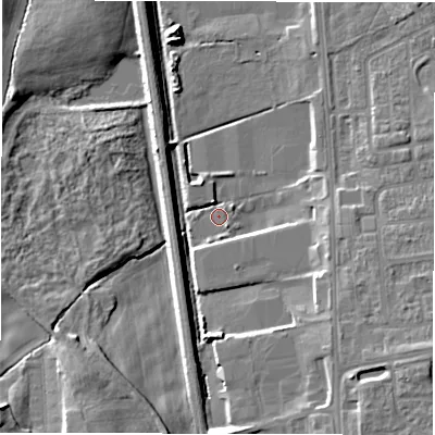 Shaded relief map of the ground around DH32DA, computed from Environment Agency LiDAR. The ground here sits at about 28 m above sea level and falls 14 m across the surrounding 800 m. Surface water reaching this point runs off ground lying to the south-south-west, 2.3 m higher.