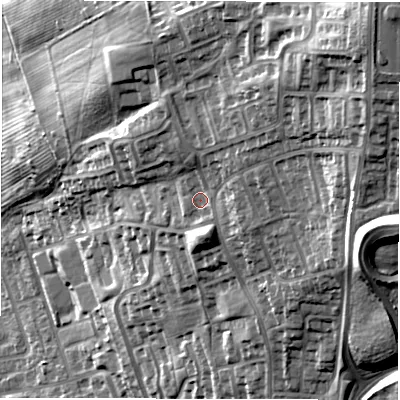 Shaded relief map of the ground around DH32LE, computed from Environment Agency LiDAR. The ground here sits at about 57 m above sea level and falls 49 m across the surrounding 800 m. Surface water reaching this point runs off ground lying to the north-east, 18.6 m higher.