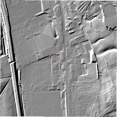 Shaded relief map of the ground around DH32QW, computed from Environment Agency LiDAR. The ground here sits at about 29 m above sea level and falls 34 m across the surrounding 800 m. Surface water reaching this point runs off ground lying to the north-east, 29.0 m higher.