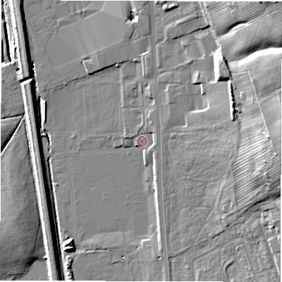 Shaded relief map of the ground around DH32TB, computed from Environment Agency LiDAR. The ground here sits at about 29 m above sea level and falls 30 m across the surrounding 800 m. Surface water reaching this point runs off ground lying to the south-south-east, 3.4 m higher.