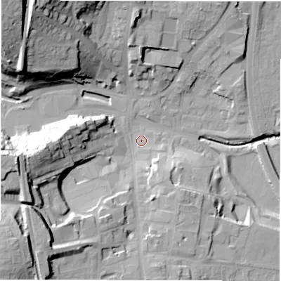 Shaded relief map of the ground around DH33BE, computed from Environment Agency LiDAR. The ground here sits at about 11 m above sea level and falls 42 m across the surrounding 800 m. Surface water reaching this point runs off ground lying to the south-west, 31.4 m higher.