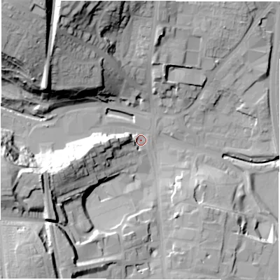 Shaded relief map of the ground around DH33BQ, computed from Environment Agency LiDAR. The ground here sits at about 12 m above sea level and falls 45 m across the surrounding 800 m. Surface water reaching this point runs off ground lying to the west, 16.3 m higher.
