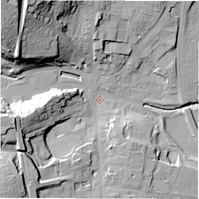 Shaded relief map of the ground around DH33DF, computed from Environment Agency LiDAR. The ground here sits at about 11 m above sea level and falls 43 m across the surrounding 800 m. Surface water reaching this point runs off ground lying to the north-west, 38.2 m higher.