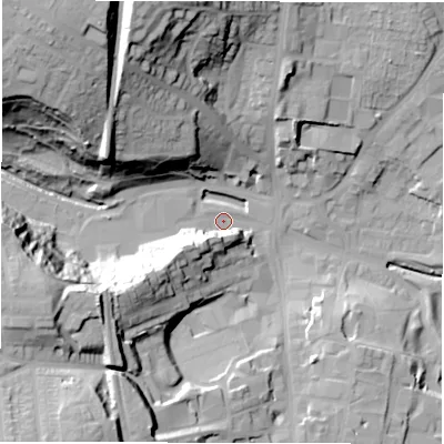 Shaded relief map of the ground around DH33EB, computed from Environment Agency LiDAR. The ground here sits at about 12 m above sea level and falls 45 m across the surrounding 800 m. Surface water reaching this point runs off ground lying to the west-south-west, 31.7 m higher.