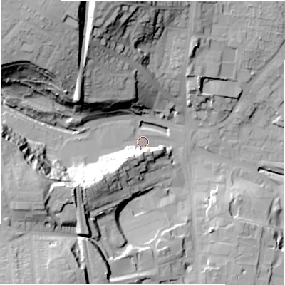 Shaded relief map of the ground around DH33EZ, computed from Environment Agency LiDAR. The ground here sits at about 12 m above sea level and falls 45 m across the surrounding 800 m. Surface water reaching this point runs off ground lying to the west-south-west, 31.3 m higher.