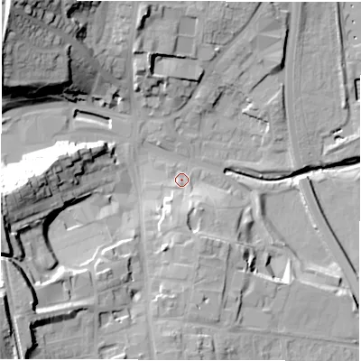 Shaded relief map of the ground around DH33QG, computed from Environment Agency LiDAR. The ground here sits at about 12 m above sea level and falls 39 m across the surrounding 800 m. Surface water reaching this point runs off ground lying to the south, 10.1 m higher.
