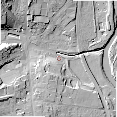 Shaded relief map of the ground around DH33QH, computed from Environment Agency LiDAR. The ground here sits at about 10 m above sea level and falls 31 m across the surrounding 800 m. Surface water reaching this point runs off ground lying to the south-south-west, 13.4 m higher.
