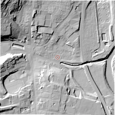 Shaded relief map of the ground around DH33QJ, computed from Environment Agency LiDAR. The ground here sits at about 10 m above sea level and falls 41 m across the surrounding 800 m. Surface water reaching this point runs off ground lying to the north-west, 1.1 m higher.