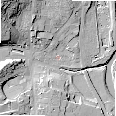 Shaded relief map of the ground around DH33QL, computed from Environment Agency LiDAR. The ground here sits at about 10 m above sea level and falls 42 m across the surrounding 800 m. Surface water reaching this point runs off ground lying to the north-north-west, 16.4 m higher.