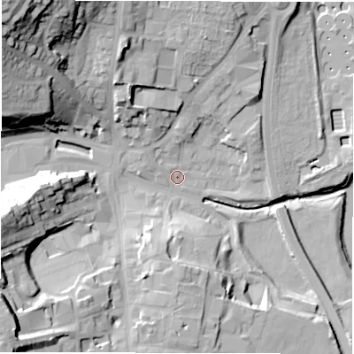 Shaded relief map of the ground around DH33QN, computed from Environment Agency LiDAR. The ground here sits at about 10 m above sea level and falls 44 m across the surrounding 800 m. Surface water reaching this point runs off ground lying to the north-west, 1.4 m higher.