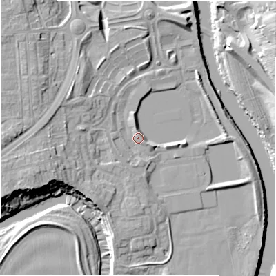 Shaded relief map of the ground around DH33QR, computed from Environment Agency LiDAR. The ground here sits at about 12 m above sea level and falls 14 m across the surrounding 800 m. Surface water reaching this point runs off ground lying to the south-west, 4.2 m higher.