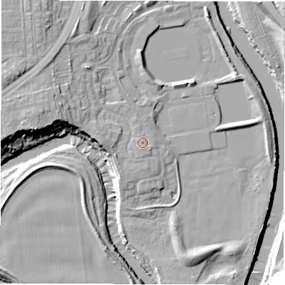 Shaded relief map of the ground around DH33QU, computed from Environment Agency LiDAR. The ground here sits at about 13 m above sea level and falls 16 m across the surrounding 800 m. Surface water reaching this point runs off ground lying to the south, 1.1 m higher.