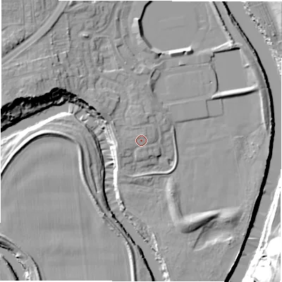 Shaded relief map of the ground around DH33QX, computed from Environment Agency LiDAR. The ground here sits at about 13 m above sea level and falls 22 m across the surrounding 800 m. Surface water reaching this point runs off ground lying to the north-west, 0.9 m higher.