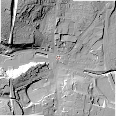 Shaded relief map of the ground around DH33RA, computed from Environment Agency LiDAR. The ground here sits at about 11 m above sea level and falls 44 m across the surrounding 800 m. Surface water reaching this point runs off ground lying to the north, 10.9 m higher.