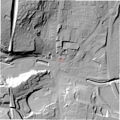 Shaded relief map of the ground around DH33RE, computed from Environment Agency LiDAR. The ground here sits at about 12 m above sea level and falls 44 m across the surrounding 800 m. Surface water reaching this point runs off ground lying to the north, 10.3 m higher.