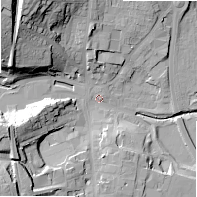 Shaded relief map of the ground around DH33RF, computed from Environment Agency LiDAR. The ground here sits at about 11 m above sea level and falls 44 m across the surrounding 800 m. Surface water reaching this point runs off ground lying to the north-west, 39.7 m higher.