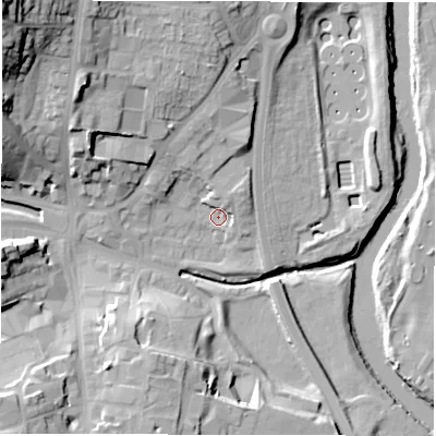 Shaded relief map of the ground around DH33RH, computed from Environment Agency LiDAR. The ground here sits at about 10 m above sea level and falls 39 m across the surrounding 800 m. Surface water reaching this point runs off ground lying to the north-north-west, 17.1 m higher.
