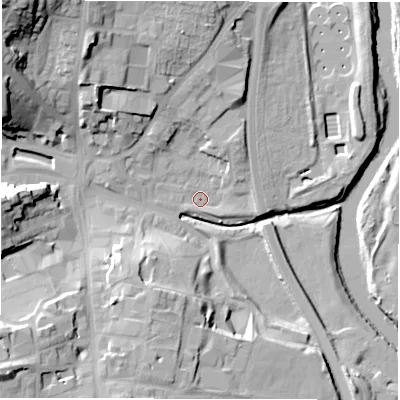 Shaded relief map of the ground around DH33RJ, computed from Environment Agency LiDAR. The ground here sits at about 9 m above sea level and falls 35 m across the surrounding 800 m. Surface water reaching this point runs off ground lying to the north-west, 16.8 m higher.