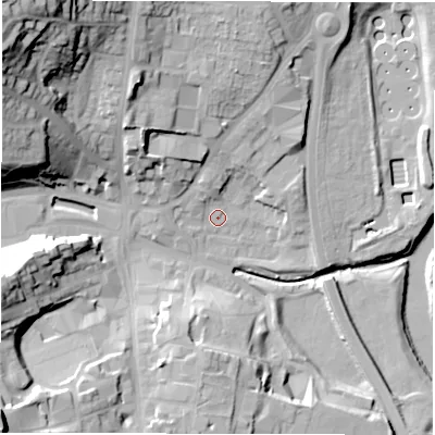 Shaded relief map of the ground around DH33RL, computed from Environment Agency LiDAR. The ground here sits at about 10 m above sea level and falls 44 m across the surrounding 800 m. Surface water reaching this point runs off ground lying to the north-north-west, 17.0 m higher.
