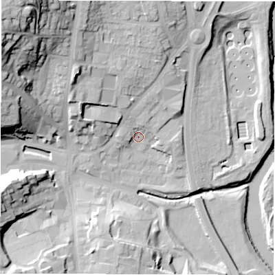 Shaded relief map of the ground around DH33RP, computed from Environment Agency LiDAR. The ground here sits at about 11 m above sea level and falls 43 m across the surrounding 800 m. Surface water reaching this point runs off ground lying to the north-north-west, 17.3 m higher.