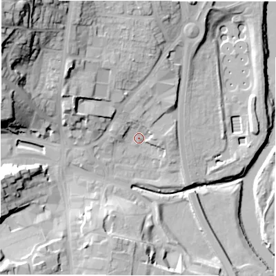 Shaded relief map of the ground around DH33RR, computed from Environment Agency LiDAR. The ground here sits at about 11 m above sea level and falls 43 m across the surrounding 800 m. Surface water reaching this point runs off ground lying to the north-north-west, 17.0 m higher.