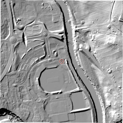 Shaded relief map of the ground around DH33SH, computed from Environment Agency LiDAR. The ground here sits at about 9 m above sea level and falls 29 m across the surrounding 800 m. Surface water reaching this point runs off ground lying to the south-west, 4.2 m higher.