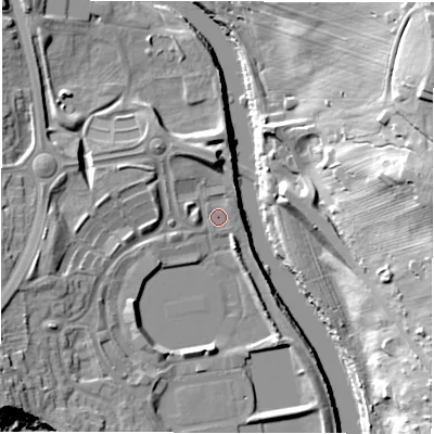 Shaded relief map of the ground around DH33SJ, computed from Environment Agency LiDAR. The ground here sits at about 10 m above sea level and falls 29 m across the surrounding 800 m. Surface water reaching this point runs off ground lying to the west-south-west, 7.4 m higher.