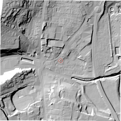 Shaded relief map of the ground around DH33SR, computed from Environment Agency LiDAR. The ground here sits at about 12 m above sea level and falls 45 m across the surrounding 800 m. Surface water reaching this point runs off ground lying to the north-north-west, 15.8 m higher.