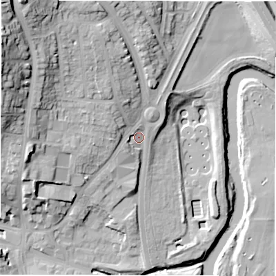 Shaded relief map of the ground around DH33SU, computed from Environment Agency LiDAR. The ground here sits at about 14 m above sea level and falls 37 m across the surrounding 800 m. Surface water reaching this point runs off ground lying to the west-south-west, 3.8 m higher.