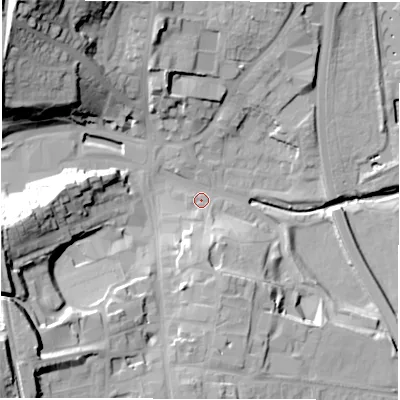 Shaded relief map of the ground around DH33TA, computed from Environment Agency LiDAR. The ground here sits at about 10 m above sea level and falls 42 m across the surrounding 800 m. Surface water reaching this point runs off ground lying to the north-west, 37.3 m higher.