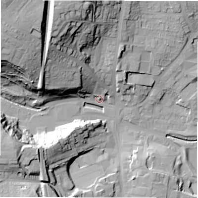 Shaded relief map of the ground around DH33TF, computed from Environment Agency LiDAR. The ground here sits at about 13 m above sea level and falls 47 m across the surrounding 800 m. Surface water reaching this point runs off ground lying to the north-west, 35.1 m higher.