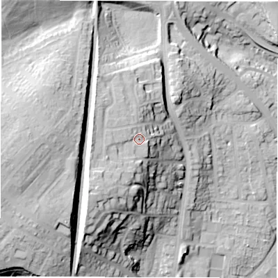 Shaded relief map of the ground around DH33UE, computed from Environment Agency LiDAR. The ground here sits at about 43 m above sea level and falls 39 m across the surrounding 800 m. Surface water reaching this point runs off ground lying to the south-west, 6.7 m higher.