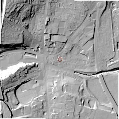 Shaded relief map of the ground around DH33UZ, computed from Environment Agency LiDAR. The ground here sits at about 11 m above sea level and falls 44 m across the surrounding 800 m. Surface water reaching this point runs off ground lying to the north, 15.5 m higher.