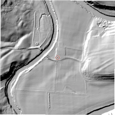 Shaded relief map of the ground around DH34EN, computed from Environment Agency LiDAR. The ground here sits at about 15 m above sea level and falls 33 m across the surrounding 800 m. Surface water reaching this point runs off ground lying to the north-east, 2.0 m higher.