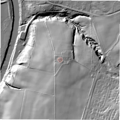 Shaded relief map of the ground around DH34EX, computed from Environment Agency LiDAR. The ground here sits at about 44 m above sea level and falls 58 m across the surrounding 800 m. Surface water reaching this point runs off ground lying to the south-south-east, 2.4 m higher.