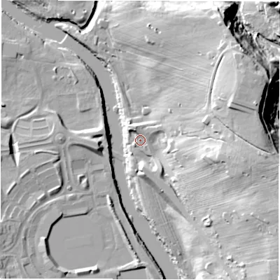 Shaded relief map of the ground around DH34HG, computed from Environment Agency LiDAR. The ground here sits at about 11 m above sea level and falls 31 m across the surrounding 800 m. Surface water reaching this point runs off ground lying to the east-north-east, 24.1 m higher.