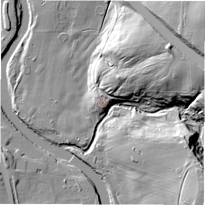 Shaded relief map of the ground around DH34NT, computed from Environment Agency LiDAR. The ground here sits at about 15 m above sea level and falls 37 m across the surrounding 800 m. Surface water reaching this point runs off ground lying to the north-north-east, 4.0 m higher.