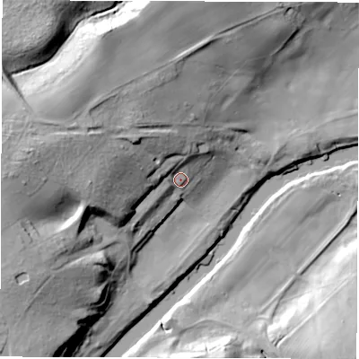 Shaded relief map of the ground around DH34PN, computed from Environment Agency LiDAR. The ground here sits at about 15 m above sea level and falls 41 m across the surrounding 800 m. Surface water reaching this point runs off ground lying to the west-north-west, 26.1 m higher.