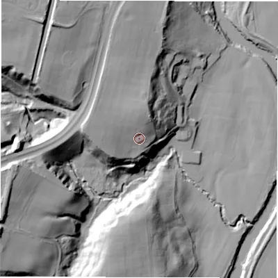 Shaded relief map of the ground around DH34QG, computed from Environment Agency LiDAR. The ground here sits at about 30 m above sea level and falls 44 m across the surrounding 800 m. Surface water reaching this point runs off ground lying to the north-north-west, 8.7 m higher.