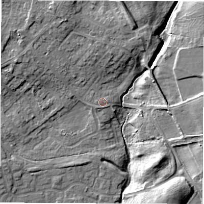 Shaded relief map of the ground around DH44PL, computed from Environment Agency LiDAR. The ground here sits at about 45 m above sea level and falls 17 m across the surrounding 800 m. Surface water reaching this point runs off ground lying to the east-north-east, 0.8 m higher.