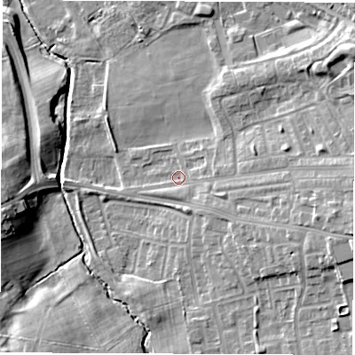 Shaded relief map of the ground around DH45DH, computed from Environment Agency LiDAR. The ground here sits at about 43 m above sea level and falls 16 m across the surrounding 800 m. Surface water reaching this point runs off ground lying to the east-south-east, 9.5 m higher.