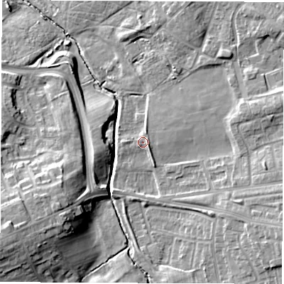 Shaded relief map of the ground around DH45DL, computed from Environment Agency LiDAR. The ground here sits at about 43 m above sea level and falls 17 m across the surrounding 800 m. Surface water reaching this point runs off ground lying to the east-north-east, 8.2 m higher.